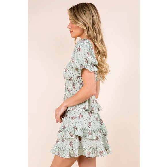 Sage Green Floral Print Puff Sleeve Top and Tiered Ruffle Flowy Mini Skirt SET - Picture 2 of 5